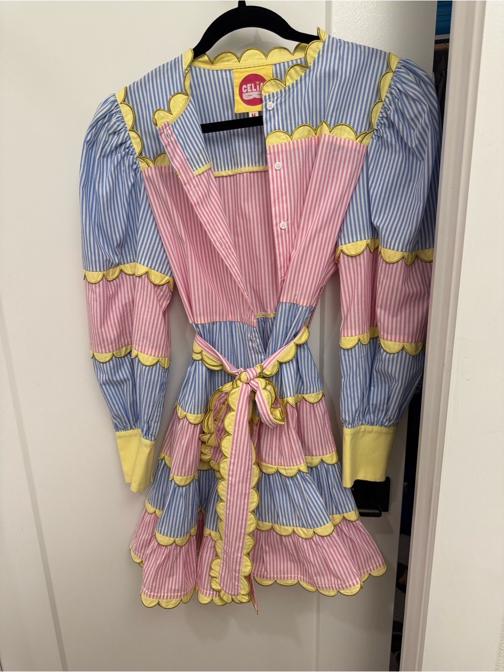 Celiab Pink, Blue & Yellow Scalloped Stripe Dress